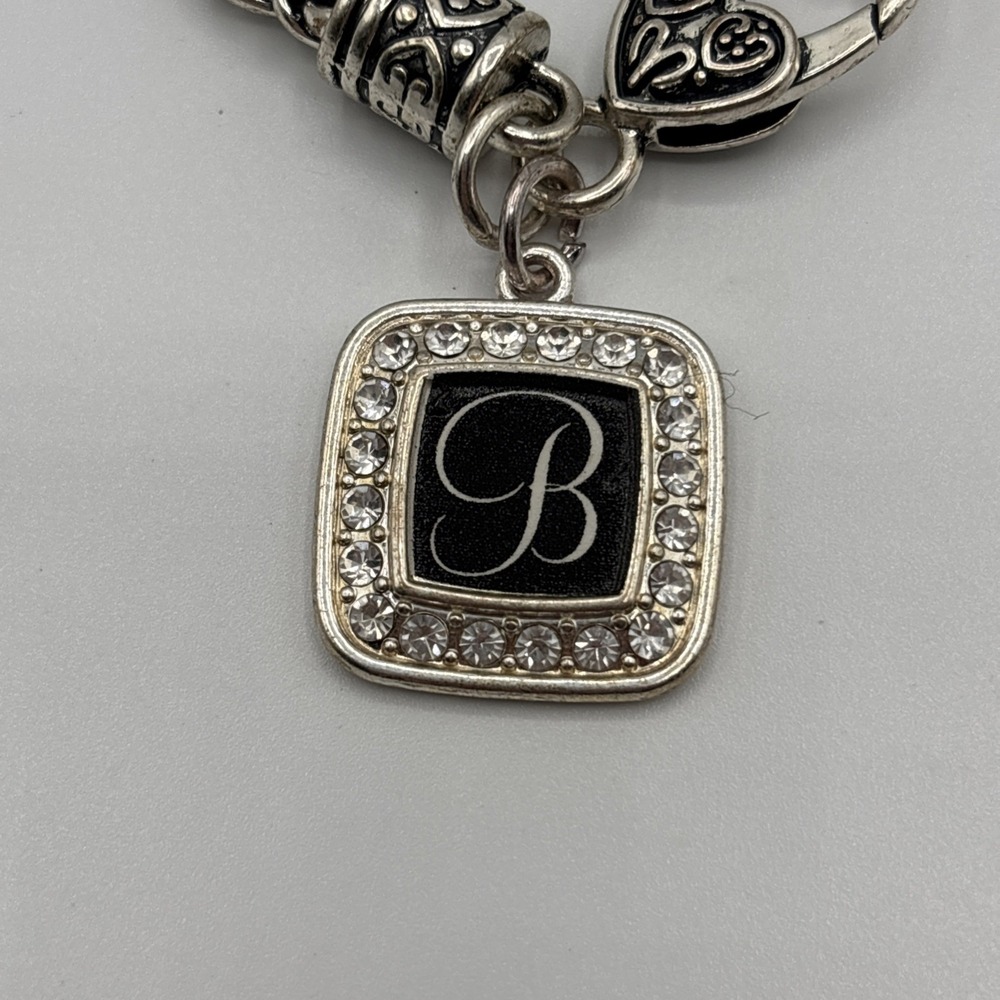 Silver Tone Initial B Charm Rhinestone Bracelet Chain Link - Picture 2 of 6
